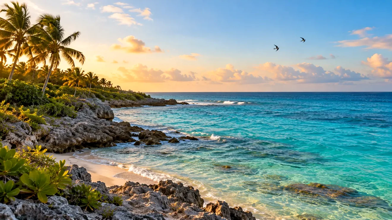 Cozumel's limestone coastline at golden hour with turquoise water, palms on the bluff, and two swallows flying overhead