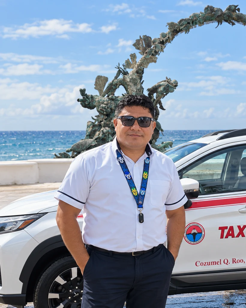 Ismael Santana, your local driver and tour guide, standing in front of his Cozumel taxi