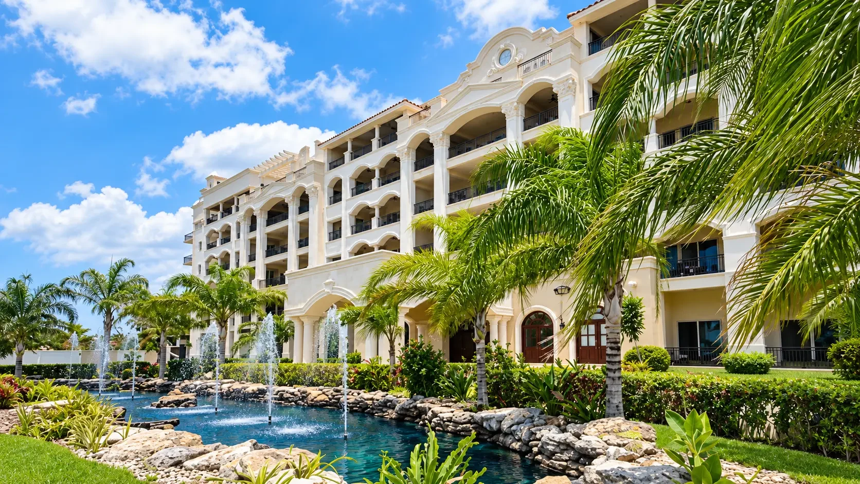 The Landmark Cozumel exterior with palm-lined koi ponds
