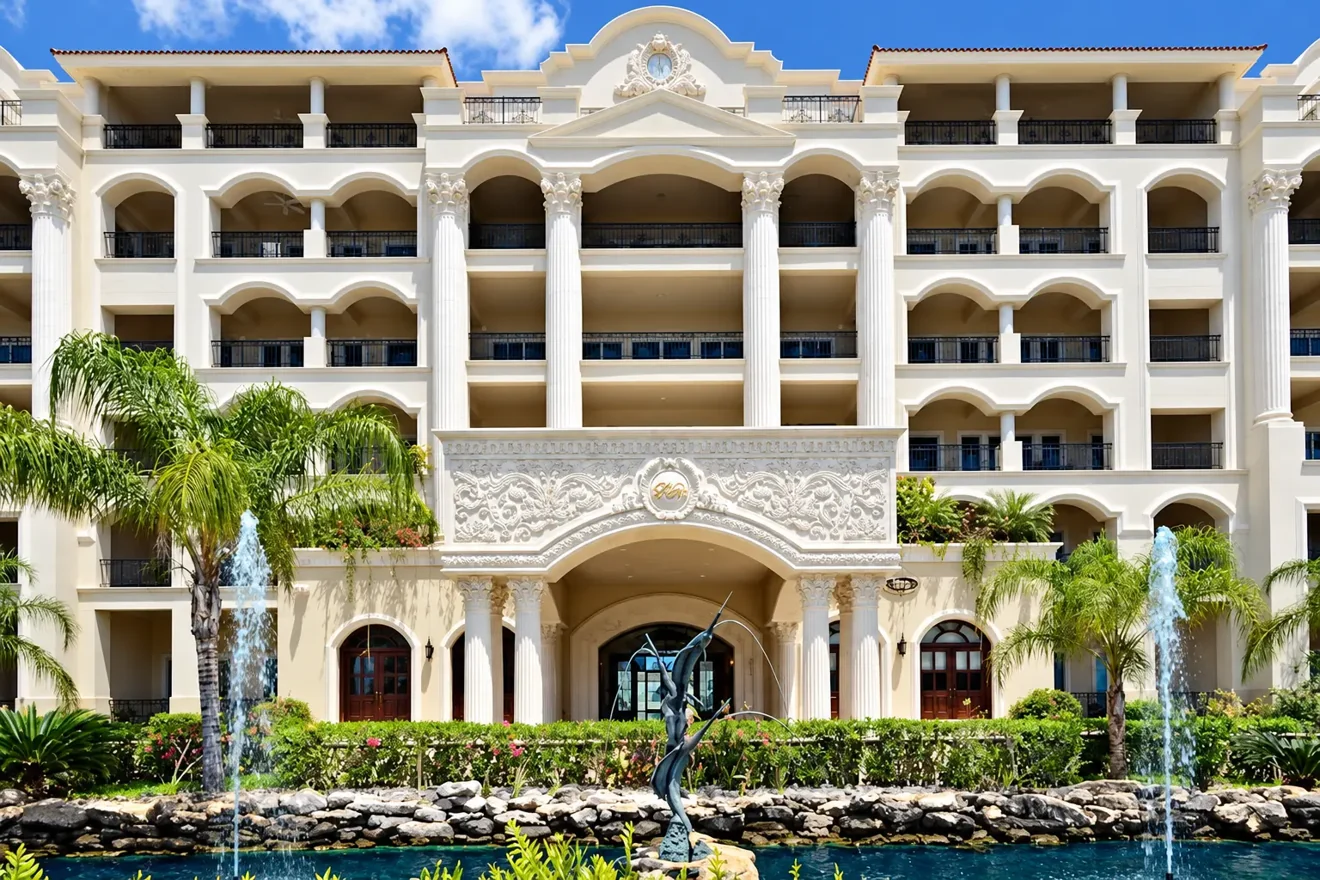 The Landmark grand entrance with fountain and sculpture