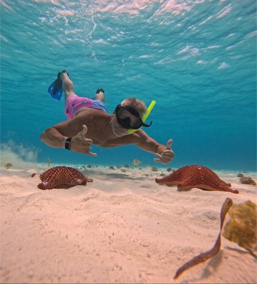 Snorkeling with starfish in the crystal-clear shallows of El Cielo sandbar, Cozumel